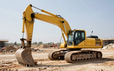 A powerful yellow excavator working on a vast Turkish construction site, clean composition, bright daylight, professional architectural photography style, deep black shadows for contrast.