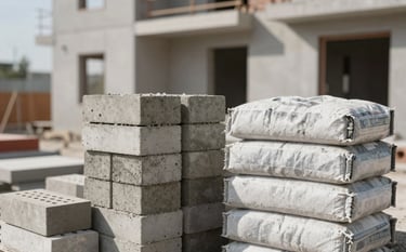 A close-up shot of high-quality construction materials like bricks and cement bags on a modern Turkish residential building site, minimalist aesthetic, sharp focus, natural lighting.
