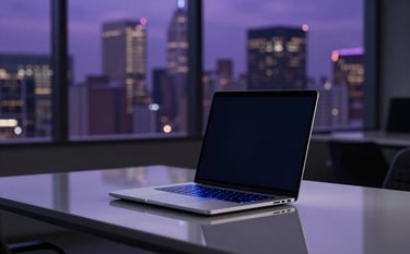 A high-end, minimalist workspace in a North American corporate setting. On the desk, a sleek laptop glows with electric blue light reflecting off a glass surface. In the background, a subtle, out-of-focus view of a modern city skyline at night with purple and deep navy tones.
