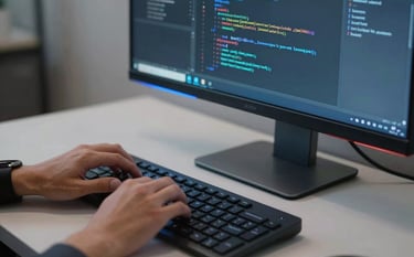 Close-up of a professional software engineer's hands working on a sleek, high-tech keyboard in a minimalist North American office. Ambient electric blue lighting illuminates the edges of a high-resolution curved monitor displaying lines of clean code.