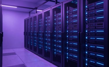 Wide shot of a sophisticated server room in a high-tier North American data center. Minimalist rows of hardware are bathed in a soft purple and electric blue glow, emphasizing a futuristic and secure tech environment.