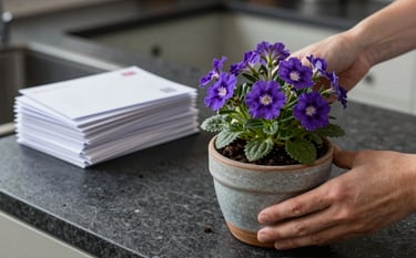 A close-up, responsible-style shot of hands watering a vibrant purple verbena plant in a ceramic pot. In the background, a neat stack of collected letters sits on a kitchen island made of Dark Slate stone. The atmosphere is serene and domestic, conveying meticulous attention to detail.