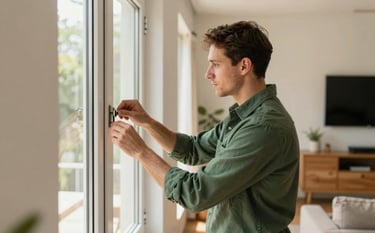 A professional house sitter in a Matte Forest Green shirt meticulously checking window locks in a bright, modern living room. The room features Crisp Parchment walls and natural wood furniture. The lighting is warm and natural, suggesting a secure and well-cared-for home during the daytime.