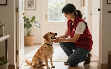A friendly house sitter greeting a happy dog in a clean, sunlit entryway. The sitter is wearing a professional Deep Ripe Crimson vest. The composition is welcoming and warm, highlighting the pet care and household management aspect of the business.