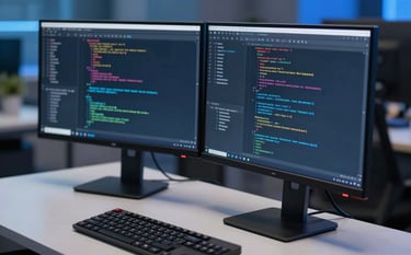 A close-up photograph of a modern North American / US professional workspace with a minimalist Light Gray desk and high-end monitors showing code. The background is softly blurred with hints of Deep Blue and Royal Blue, conveying a sense of cutting-edge technology and precision.