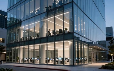 Cinematic photography of a sleek, glass-walled North American / US tech headquarters at twilight. The interior workspace is illuminated with Light Gray and Royal Blue lighting. The shot uses a shallow depth of field, highlighting the sophisticated and innovative architectural design.
