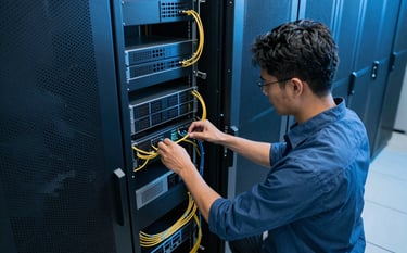 A high-angle shot of a professional IT technician in a North American / US corporate office server room, checking cables. The lighting is crisp and modern with Royal Blue and Dark Blue tones reflecting off the metallic surfaces of the server racks. The composition is clean and focused.