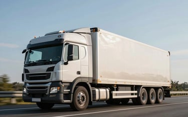A professional photograph of a modern logistics truck driving on a highway. The lighting is bright and clear, emphasizing the reliability of transport. The truck has a clean, metallic finish reflecting the Soft Blue sky. The composition is a dynamic 3/4 view.