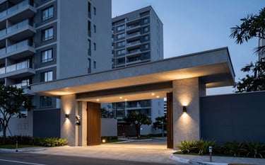 The entrance of a high-end residential complex in Brazil during dusk. Meticulous architectural lighting, sleek security cameras integrated into the design. A sense of absolute reliability and protection. Palette includes muted blue and navy.