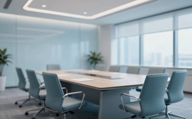 A wide shot of a premium, sophisticated boardroom with a large polished table and ergonomic chairs. Modern architecture with clean lines and soft lighting, incorporating the light blue (#9FB8CC) brand tone.