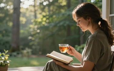 A peaceful North American scene of a person sitting on a sunlit porch early in the morning, journaling with a cup of herbal tea, surrounded by lush green trees, embodying a calm and positive mindset, natural soft lighting.