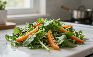 A close-up of a vibrant, healthy meal prepared in a clean North American kitchen, featuring fresh greens and colorful vegetables, emphasizing gluten-free and natural ingredients, soft natural window light.