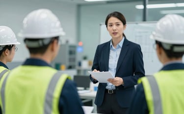 An expert HSE consultant leading a safety workshop for industrial workers in a modern facility. The setting is clean and professional, with a focus on education and compliance. Soft teal and navy lighting elements.