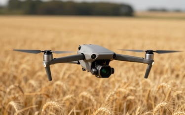 A DJI Mavic 3M drone capturing multispectral data above a vast golden grain field. The lighting is bright and clear, highlighting the contrast between the dark forest green sensors of the drone and the warm field below. The composition is professional and technical.