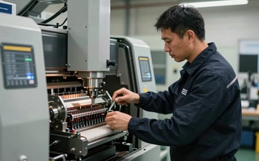 A technician from Aziz Equipment LLC in a dark navy uniform expertly servicing a complex piece of packaging machinery. The setting is a professional industrial workshop. The lighting is authoritative and sharp, highlighting the technician's focus and the high-quality steel components of the machine.