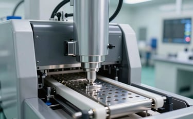 A close-up photograph of a precision pharmaceutical blister packing machine. The machinery is sleek and sophisticated, reflecting a soft silver sheen under clean laboratory lighting. The background shows a sterile, modern production facility in Dubai, exuding reliability and high-tech innovation.