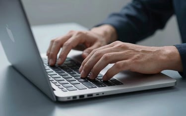 Close-up of a person's hands typing on a modern, slim laptop on a desk with a soft blue-grey surface, focused composition, clean professional atmosphere.