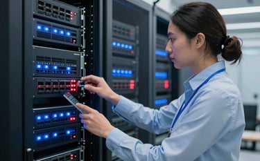 A professional in a modern European / French business setting monitoring a server rack. The scene shows glowing blue and red indicator lights on network equipment, symbolizing security and maintenance. The atmosphere is professional, clean, and highly technological.