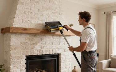A professional chimney sweep service being performed on a clean, modern brick fireplace in a North American / US home. The scene is bright and efficient, with soft cream and warm brown tones in the living room decor. A professional in clean attire is using specialized tools for inspection. Warm, reliable lighting.