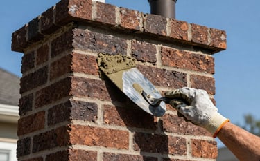 A close-up photograph of a professional masonry repair being done on a chimney stack of a North American / US suburban house. A worker's hand in a protective glove is using a trowel with sand colored mortar. Deep espresso brown brickwork. Clear blue sky in the background, high-quality professional photography.
