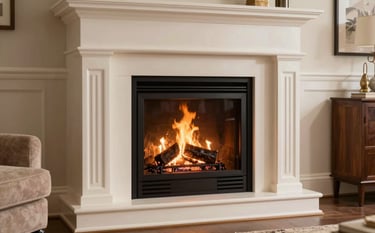 An inviting, cozy North American / US living room featuring a newly installed fireplace insert. A gentle fire glows with warmth, reflecting off deep espresso and soft cream surfaces. The room feels clean and expertly designed. Professional architectural photography with a focus on warmth and expertise.