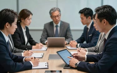 A sophisticated corporate boardroom meeting involving diverse professionals. The scene is shot with a shallow depth of field, highlighting a collaborative discussion over a tablet. The atmosphere is strategic and results-oriented, with soft steel blue and dark navy tones.