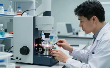 A clean, modern laboratory setting with specialized scientific equipment. The lighting is bright and professional, featuring a palette of pale mist and dark navy. A scientist in a white coat is seen from the side, focusing on a high-tech prototype, emphasizing the transition from concept to reality.