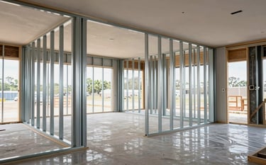 A clean and professional North American interior construction site showing perfectly aligned steel framing studs and smooth drywall installation. The lighting is bright and industrial, emphasizing the precision and high-quality workmanship of Ucar Projects. No debris on the floor, reflecting a professional workspace.