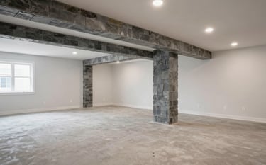 A professionally finished basement renovation in a Canadian residence. The space is bright and open-concept, featuring slate grey accents and recessed lighting, showcasing a complete interior remodeling transformation.