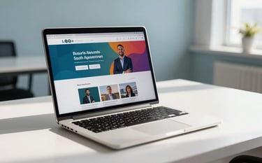 A high-end laptop screen displaying a colorful business profile page, sitting on a clean white desk in a sunlit South American / Brazilian office. Background features soft pale blue walls and a professional atmosphere.