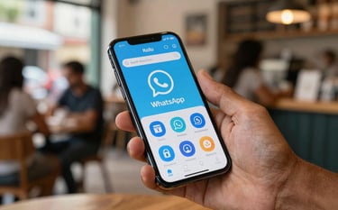 Close-up of hands holding a modern smartphone in a vibrant South American / Brazilian city cafe. The screen displays a business page with prominent WhatsApp and social media icons in sky blue.