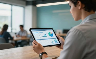 A professional person in business casual attire working in a modern South American / Brazilian coworking space, holding a tablet showing a data management dashboard. The lighting is bright with sky blue and muted teal accents.