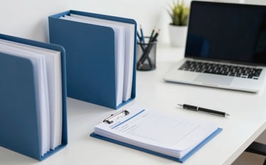 A professional and clean office workspace with organized document folders in shades of blue and white, a sleek modern laptop, and high-quality stationery. The lighting is bright and airy, emphasizing reliability and administrative order. Brand colors #1E3A5F and #F0F4F8 are subtly incorporated into the office decor.