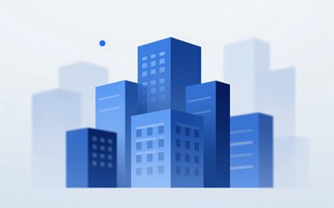 A sophisticated geometric composition of blue building silhouettes and light grey lines, representing structure, stability, and growth in real estate financing. The style is modern, minimalist, and secure, using brand colors #0A192F, #1E3A5F, and #F0F4F8.