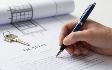 Close-up of a hand signing a real estate contract with a professional fountain pen. In the background, a blurred modern architectural blueprint and a small metallic house key are visible. The atmosphere is sophisticated and secure, utilizing a color palette of #0A192F and #8CA0B8.