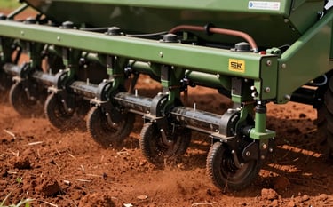 Close-up of modern agricultural seeding equipment in action on rich Brazilian red soil. Medium-green highlights on the machinery, sharp focus on the precision planting mechanism.