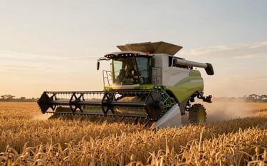 A high-capacity combine harvester working in a golden soy field at sunset in South America. Cinematic lighting, dust particles in the air, modern agricultural technology scene.