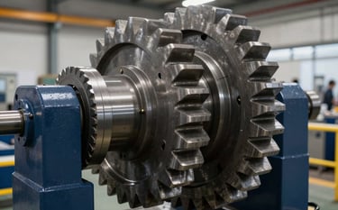 Macro photography of massive industrial steel gears in motion, highlighting the precision-engineered surfaces. The scene uses a deep navy and steel gray palette, set in a modern Hispanic / Industrial facility with clean, focused lighting that emphasizes the absence of wear.