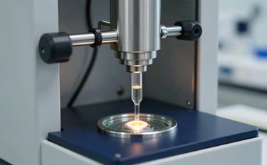A close-up photograph of a professional laboratory setting in a Hispanic / Industrial context, featuring a high-precision viscosity testing apparatus with steel and glass components. The lighting is crisp and cool, with accents of navy and steel gray, showing a clear technical fluid under thermal stress.