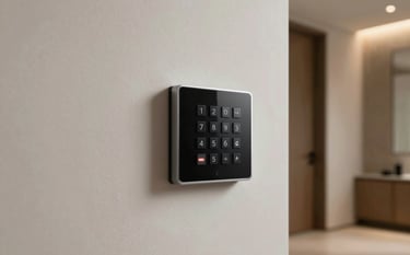 Interior of a modern Spanish villa hallway showing a minimalist alarm control keypad on the wall, soft ambient lighting, clean lines, and a professional security sensor installed discretely, high-end residential style.
