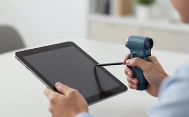 A close-up shot of a professional real estate appraiser's hands using a digital tablet and laser measurement tool inside a high-end property. Sophisticated, trustworthy lighting. Subtle brand palette #4C6A7F and #F8F8F4.