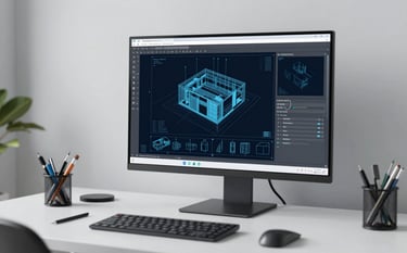 A professional workspace featuring a large monitor displaying high-precision CAD blueprints and 3D architectural models. A minimalist desk with drafting tools. Clean, efficient atmosphere with brand colors #A0BCCB and #1A2C3D integrated into the UI and decor.