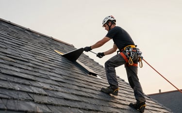 A professional roofer wearing safety gear working on a traditional European / French pitched roof with dark slate grey tiles. The scene is bright and professional, showing expert craftsmanship against a soft beige sky background.