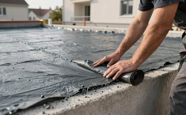 Close-up of a professional construction expert applying a dark slate grey waterproofing membrane to a modern residential foundation in a European / French urban setting. Soft morning light, highlighting the texture of the materials and the beige concrete.