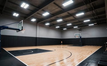 A sharp, wide-angle interior photograph of an indoor professional basketball court at an international sports center. The court is perfectly illuminated by anti-glare lamps, with no visible hotspots or shadows, showing a clean, high-end business aesthetic.