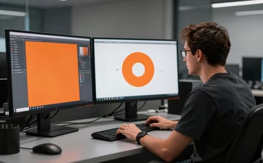 A creative director in a high-end North American / US design studio. The workspace is sleek with charcoal grey accents. Large monitors show sophisticated, minimalist brand identities with vibrant orange highlights.