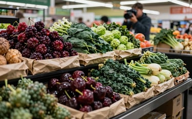 A wide-angle, Scandinavian-style shot of a North American / US food market. An agency professional is seen in the background with a camera, capturing the vibrant atmosphere. The market stalls feature fresh produce on Crisp Parchment paper, with pops of Deep Ripe Crimson and Matte Forest Green across the market decor.