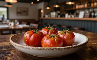A cinematic close-up of a rustic dish served in a modern North American / US farm-to-table restaurant. The food is vibrant, featuring Deep Ripe Crimson heirloom tomatoes. The background is a blurred view of a cozy dining area with warm, ambient lighting and dark wood textures. Style is sophisticated and artisanal.
