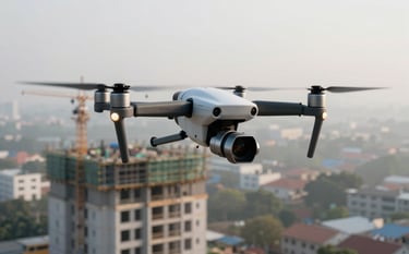 A high-tech camera drone hovering over a modern multi-story residential building under construction in a South Asian / Indian city, capturing professional aerial footage during a bright mist grey morning.