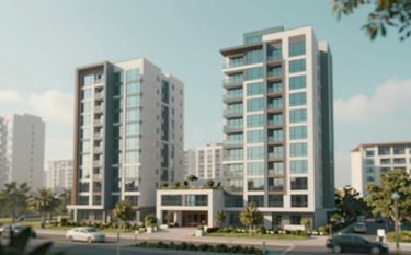 A professional architectural photograph of a modern residential development in Karachi, featuring clean lines and sustainable design. The lighting is bright and optimistic, reflecting financial stability. The color palette includes hints of #4F7E6C and #A8C9B9 in the landscape and building accents.